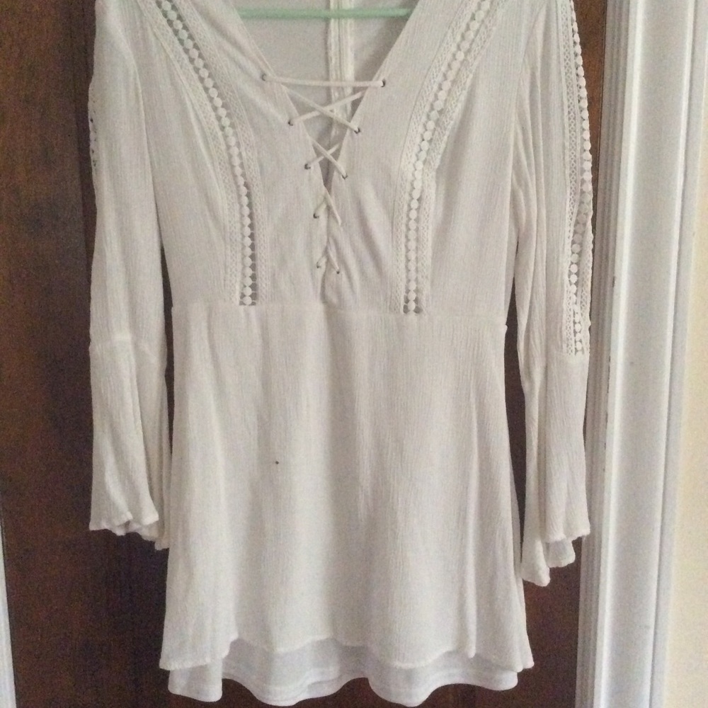 White lace bell sleeved, tie front mini dress